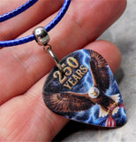 Bald Eagle with an American Flag 250 Years Guitar Pick Necklace with Blue Rolled Cord