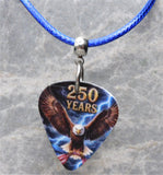 Bald Eagle with an American Flag 250 Years Guitar Pick Necklace with Blue Rolled Cord