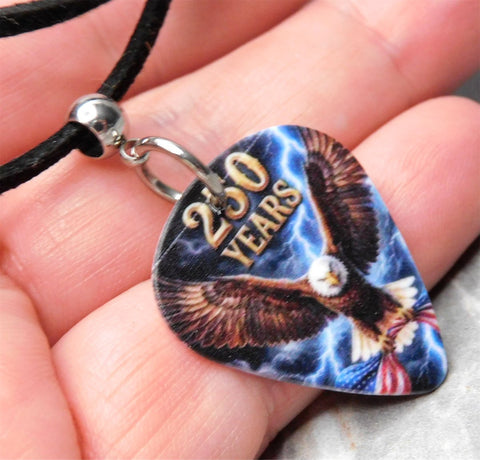 Bald Eagle with an American Flag 250 Years Guitar Pick Necklace with Black Sueded Cord