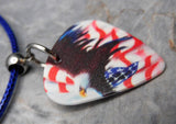 Bald Eagle Flying in Front of an American Flag Guitar Pick Necklace with Blue Rolled Cord