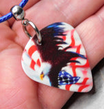 Bald Eagle Flying in Front of an American Flag Guitar Pick Necklace with Blue Rolled Cord