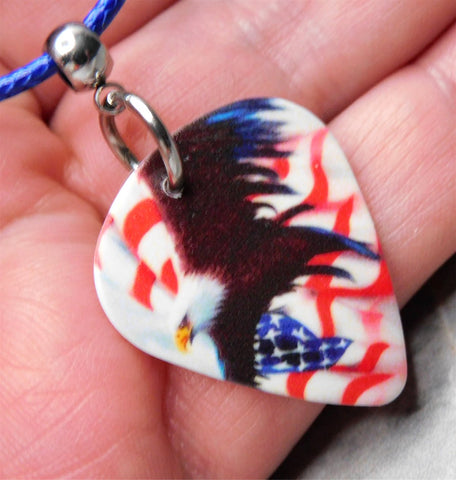 Bald Eagle Flying in Front of an American Flag Guitar Pick Necklace with Blue Rolled Cord