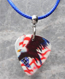 Bald Eagle Flying in Front of an American Flag Guitar Pick Necklace with Blue Rolled Cord