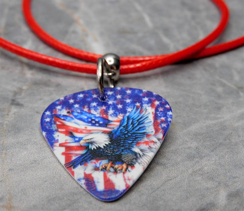 Bald Eagle Flying in Front of an American Flag Guitar Pick Necklace with Red Rolled Cord