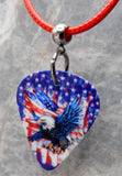 Bald Eagle Flying in Front of an American Flag Guitar Pick Necklace with Red Rolled Cord