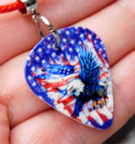 Bald Eagle Flying in Front of an American Flag Guitar Pick Necklace with Red Rolled Cord