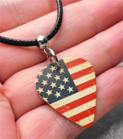 American Flag Aged Distressed Guitar Pick Necklace with Rolled Black Cord