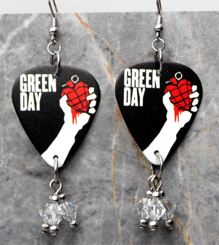 Green Day American Idiot Guitar Pick Earrings with Clear Swarovski Crystal Dangles
