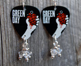 Green Day American Idiot Guitar Pick Earrings with Clear Swarovski Crystal Dangles