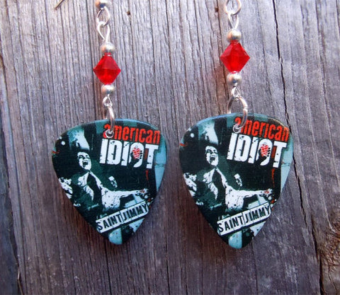 Green Day American Idiot Saint Jimmy Guitar Pick Earrings with Red Swarovski Crystals