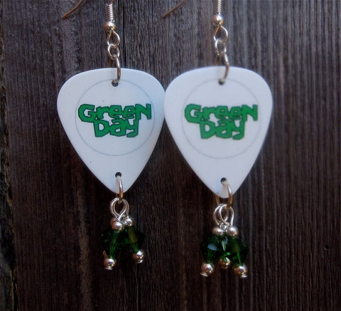 Green Day Guitar Pick Earrings with Green Swarovski Crystal Dangles