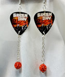 Green Day Guitar Pick Earrings with Orange Pave Bead Dangles