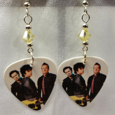 Green Day Group Picture Guitar Pick Earrings with Pale Yellow Swarovski Crystals