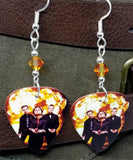Green Day Group Picture with Fire Guitar Pick Earrings with Fire Opal Swarovski Crystals