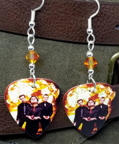 Green Day Group Picture with Fire Guitar Pick Earrings with Fire Opal Swarovski Crystals