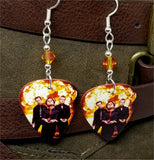 Green Day Group Picture with Fire Guitar Pick Earrings with Fire Opal Swarovski Crystals