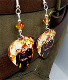 Green Day Group Picture with Fire Guitar Pick Earrings with Fire Opal Swarovski Crystals