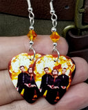 Green Day Group Picture with Fire Guitar Pick Earrings with Fire Opal Swarovski Crystals