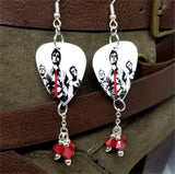 Green Day Illustrated Group Picture Guitar Pick Earrings with Opaque Red Swarovski Crystal Dangles