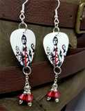 Green Day Illustrated Group Picture Guitar Pick Earrings with Opaque Red Swarovski Crystal Dangles