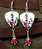 Green Day Illustrated Group Picture Guitar Pick Earrings with Opaque Red Swarovski Crystal Dangles
