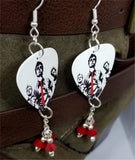 Green Day Illustrated Group Picture Guitar Pick Earrings with Opaque Red Swarovski Crystal Dangles