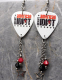Green Day American Idiot White Guitar Pick Earrings with Stainless Steel Star Charm and Swarovski Crystal Dangles