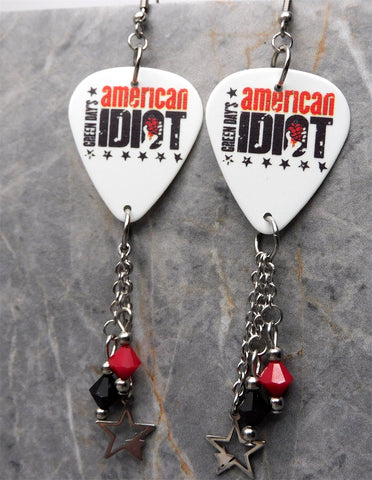 Green Day American Idiot White Guitar Pick Earrings with Stainless Steel Star Charm and Swarovski Crystal Dangles