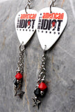 Green Day American Idiot White Guitar Pick Earrings with Stainless Steel Star Charm and Swarovski Crystal Dangles