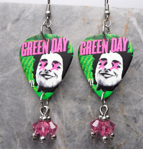 Green Day Uno Guitar Pick Earrings with Pink Swarovski Crystal Dangles