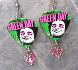 Green Day Uno Guitar Pick Earrings with Pink Swarovski Crystal Dangles