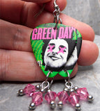 Green Day Uno Guitar Pick Earrings with Pink Swarovski Crystal Dangles
