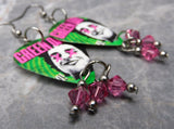 Green Day Uno Guitar Pick Earrings with Pink Swarovski Crystal Dangles