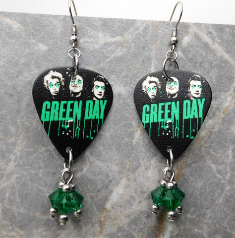 Green Day Guitar Pick Earrings with Green Swarovski Crystal Dangles