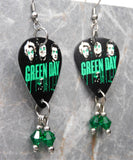 Green Day Guitar Pick Earrings with Green Swarovski Crystal Dangles