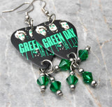 Green Day Guitar Pick Earrings with Green Swarovski Crystal Dangles