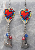 Red and Blue Hearts Guitar Pick Earrings with Stainless Steel Wavey Heart Charms and Swarovski Crystal Dangles