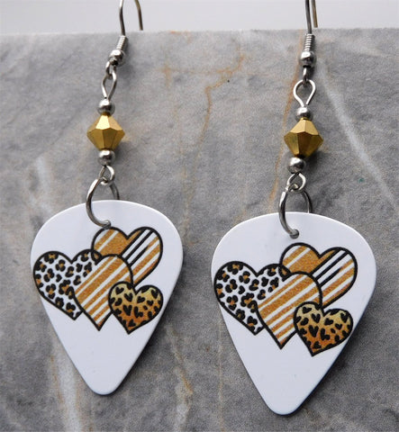 Leopard Print and Striped Hearts Guitar Pick Earrings with Metallic Gold Swarovski Crystals