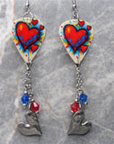 Red and Blue Hearts Guitar Pick Earrings with Stainless Steel Wavey Heart Charms and Swarovski Crystal Dangles