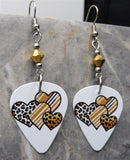 Leopard Print and Striped Hearts Guitar Pick Earrings with Metallic Gold Swarovski Crystals
