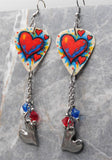 Red and Blue Hearts Guitar Pick Earrings with Stainless Steel Wavey Heart Charms and Swarovski Crystal Dangles