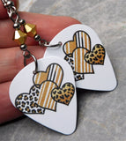 Leopard Print and Striped Hearts Guitar Pick Earrings with Metallic Gold Swarovski Crystals