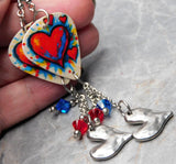 Red and Blue Hearts Guitar Pick Earrings with Stainless Steel Wavey Heart Charms and Swarovski Crystal Dangles