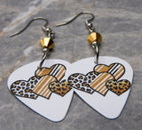 Leopard Print and Striped Hearts Guitar Pick Earrings with Metallic Gold Swarovski Crystals