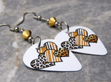 Leopard Print and Striped Hearts Guitar Pick Earrings with Metallic Gold Swarovski Crystals