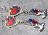 Red and Blue Hearts Guitar Pick Earrings with Stainless Steel Wavey Heart Charms and Swarovski Crystal Dangles