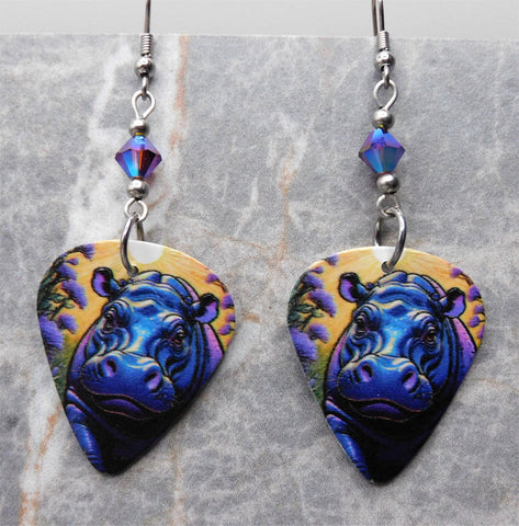 Color Rich Hippopotamus Guitar Pick Earrings with Burgundy ABx2 Swarovski Crystals