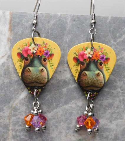 Hippopotamus With A Flower Crown Guitar Pick Earrings with Swarovski Crystal Dangles