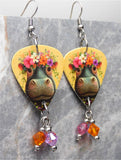 Hippopotamus With A Flower Crown Guitar Pick Earrings with Swarovski Crystal Dangles