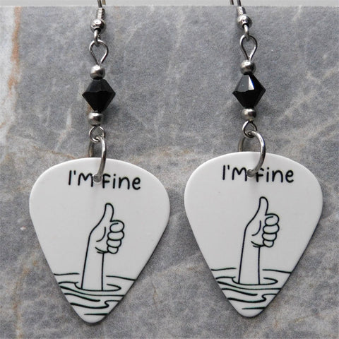 I'm Fine Drowning Hand Guitar Pick Earrings with Black Swarovski Crystals